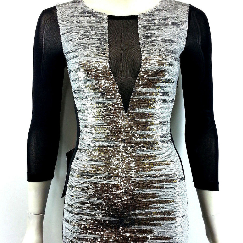 💋 BEBE Black Silver Sequin Bodycon XXS new RARE 💋 - Picture 7 of 8